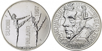 Финляндия 100 марок 1997 Стадион Пааво в Турку, гимнастика KM 84 серебро UNC 01-148-22