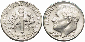США 10 ЦЕНТОВ = 1 ДАЙМ 1976 РУЗВЕЛЬТ KM 195а медь плакированная медно-никелем 112-421