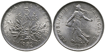ФРАНЦИЯ 5 ФРАНКОВ 1972 СЕЯТЕЛЬ KM 926a.1, LE FRANC 341.4 медно-никель плакированный никелем 56-725
