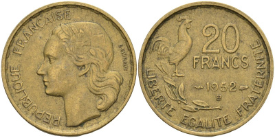Франция 20 франков 1952 B, петух KM 917.1 алюминиевая бронза 4606-722