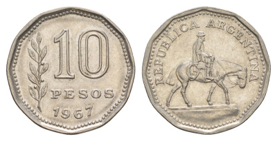Аргентина 10 песо 1967 KM 60 сталь плакированная никелем 4637-336
