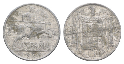 Испания 10 сентимо 1953 рыцарь на коне, Франсиско Франко (1939-1975) KM 766 алюминий 4619-1142