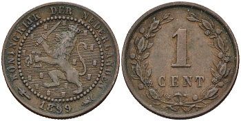 Нидерланды 1 цент 1899 Вильгельмина (1890-1948) KM 107 бронза 4576-636