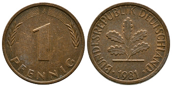 ФРГ 1 ПФЕННИГ 1981 J KM 105, J.380 сталь плакированная медью 179-1028
