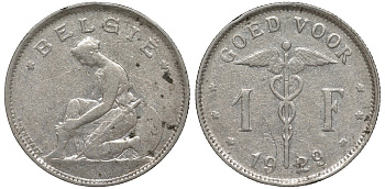 Бельгия 1 франк 1929 Belgie KM 90 никель 51-1827