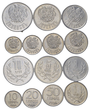 Армения годовой набор из 7 монет (10, 20 и 50 лум; 1, 3, 5 и 10 драмов) 1994 KM 51, 52, 53, 54, 55, 56 и 58 алюминий UNC 4624-831-837