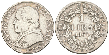 Папская область 1 лира 1867 Пий IX (1846-1878) KM 1378 серебро 4615-261
