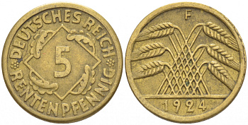 ГЕРМАНИЯ 5 РЕНТЕНПФЕННИГОВ 1924 F, KM 32, J. 308 алюминиевая бронза 4532-547