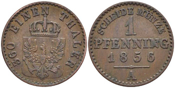 ПРУССИЯ 1 ПФЕННИГ 1856 А, ФРИДРИХ ВИЛЬГЕЛЬМ IV (1840-1861) KM 451 медь 201-537