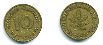 ФРГ 10 ПФЕННИГОВ 1950 J KM 108, J.383 сталь плакированная латунью 89-1721