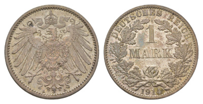 Германия 1 марка 1914 A, Вильгельм II (1888-1918) KM 14, J. 17 серебро aUNC 4626-234