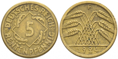 ГЕРМАНИЯ 5 РЕНТЕНПФЕННИГОВ 1924 F, KM 32, J. 308 алюминиевая бронза 4532-547