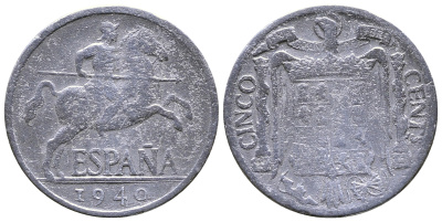 ИСПАНИЯ 5 СЕНТИМО 1940 PLVS, РЫЦАРЬ НА КОНЕ KM 765 алюминий 4385-662