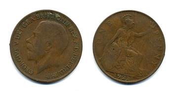 Великобритания 1 пенни 1921 Георг V (1910-1936) KM 810, Spink 4051 бронза 47-522