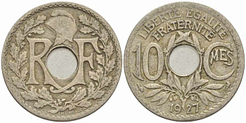 ФРАНЦИЯ 10 САНТИМОВ 1927 ТИП ЛИНДАЙЁ KM 866а, LE FRANC 138.14 медно-никель 108-154