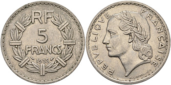 Франция 5 франков 1935 KM 888 никель 4144-422