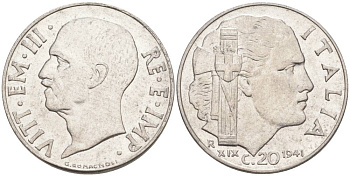 ИТАЛИЯ 20 ЧЕНТЕЗИМО 1941 R, ГОД XIX, ВИКТОР ЭММАНУИЛ III (1900-1946) KM 75b, VEM3. 1028 нержавеющая сталь 3853-1017