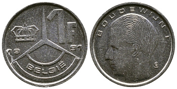 БЕЛЬГИЯ 1 ФРАНК 1991 BELGIE KM 171 железо плакированное никелем 4110-1711