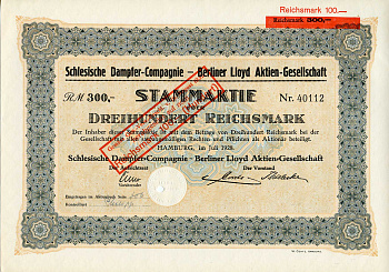 Германия 300 рейхсмарок 1928 Силезская пароходная компания, АО Берлинского Ллойда, акция   бумага   8801-29-1