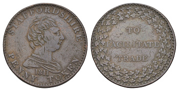 Великобритания, Стаффордшир 1 пенни 1811 токен, Для содействия торговле, рубчатый гурт Withers 1102 медь 3711-445