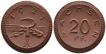 Саксония 20 пфеннигов 1921 колосья и серп J. N 53 фарфор UNC 1094-8-23