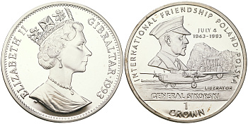 Гибралтар 1 крона 1999 II мировая война, Операция «Манна» KM 845a серебро  PROOF  1091-3-21Гибралтар 1 крона 1993 серия международная дружба, генерал Сикорский, 4 Июля 1943 KM 188 a серебро  PROOF  1091-3-44