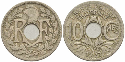 ФРАНЦИЯ 10 САНТИМОВ 1927 ТИП ЛИНДАЙЁ KM 866а, LE FRANC 138.14 медно-никель 108-154
