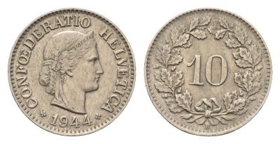 Швейцария 10 раппенов 1944 KM 27 медно-никель 4685-243