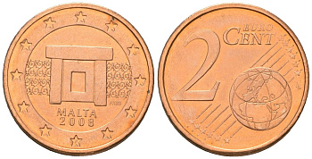 Мальта 2 евроцента 2008 F KM 126 сталь плакированная медью UNC 4548-525
