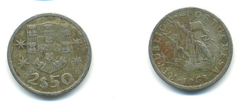 ПОРТУГАЛИЯ 2,5 ЭСКУДО 1968 ПАРУСНИК KM 590 медно-никель 3999-831