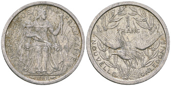 Французская Новая Каледония 1 франк 1988 птица кагу, (IEOM) KM 10, Schoen 10, Lec 48 алюминий 53-633