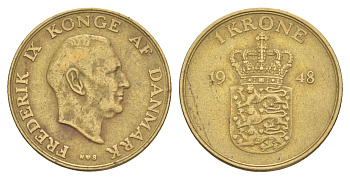 Дания 1 крона 1948 N, Кристиан X (1912-1947) KM 837 алюминиевая бронза 4654-743