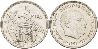 Испания 5 песет 1957 (75) Франциско Франко (1939-1975) KM 786 медно-никель XF- UNC 216-441