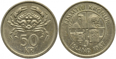 ИСЛАНДИЯ 50 КРОН 1987 КРАБ KM 31 никель латунь 181-644