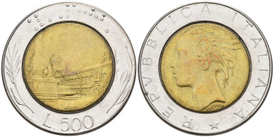 Италия 500 лир 1988 R, Квиринальский дворец KM 111 биметалл 27-332