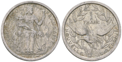 Французская Новая Каледония 1 франк 1988 птица кагу, (IEOM) KM 10, Schoen 10, Lec 48 алюминий 53-633