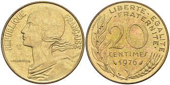 Франция 20 сантимов 1976 тип Марианна KM 930 медь алюминий никель 4116-527