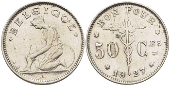 БЕЛЬГИЯ 50 САНТИМОВ 1927 BELGIQUE, АЛЬБЕРТ I (1909-1934) KM 87 никель 206-132