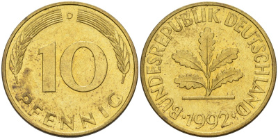 ФРГ 10 пфеннигов 1992 D KM 108, J. 383 сталь плакированная латунью 4175-1223