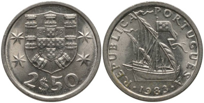 Португалия 2,5 эскудо 1983 парусник KM 590 медно-никель UNC 181-341