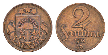 Латвия 2 сантима 1928 KM 2 бронза 4679-233