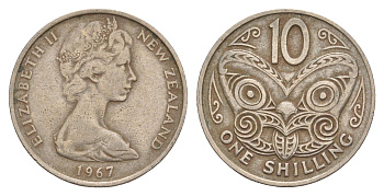 Новая Зеландия 10 центов 1967 Елизавета II (1952-2022), маска маори KM 35 медно-никель 4179-736