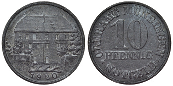 Германия, Мюнзинген 10 пфеннигов 1920 Баден-Вюртемберг, нотгельд Funck 349.1 цинк 4119-515