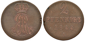 Ганновер 2 пфеннига 1844 A, Эрнст Август (1837-1851) KM 174.1, AKS 122, J. 55 медь 75-1757