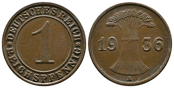 Германия 1 рейхспфенниг 1936 A KM 37, J. 313 бронза 220-134