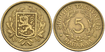 Финляндия 5 марок 1930 S, редкий год, тираж 592.000 KM 31 алюминиевая бронза 4563-344