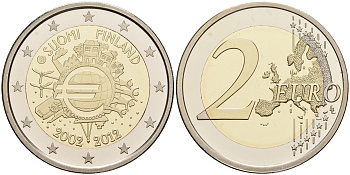 Финляндия 2 евро 2012 10 лет монетарной политике и наличному евро, в оригинальной коробке, с сертификатом, тираж 25000 экз. KM  биметалл  PROOF  7-6-1-41
