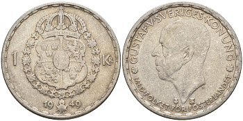 Швеция 1 крона 1949 TS, Густав VI Адольф (1950-1973) KM 814 серебро 4148-1117