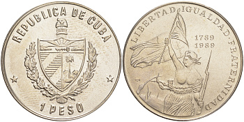 Куба 1 песо 1989 200 лет Французской революции, баррикады KM 271 медно-никель UNC 4634-425