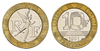 Франция 10 франков 1991 тип Гений Бастилии KM 964 биметалл 186-314